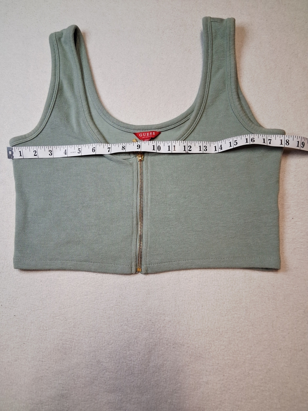 GUESS Sage Green Ribbed Zip-Front Crop Top - Picture 2 of 7